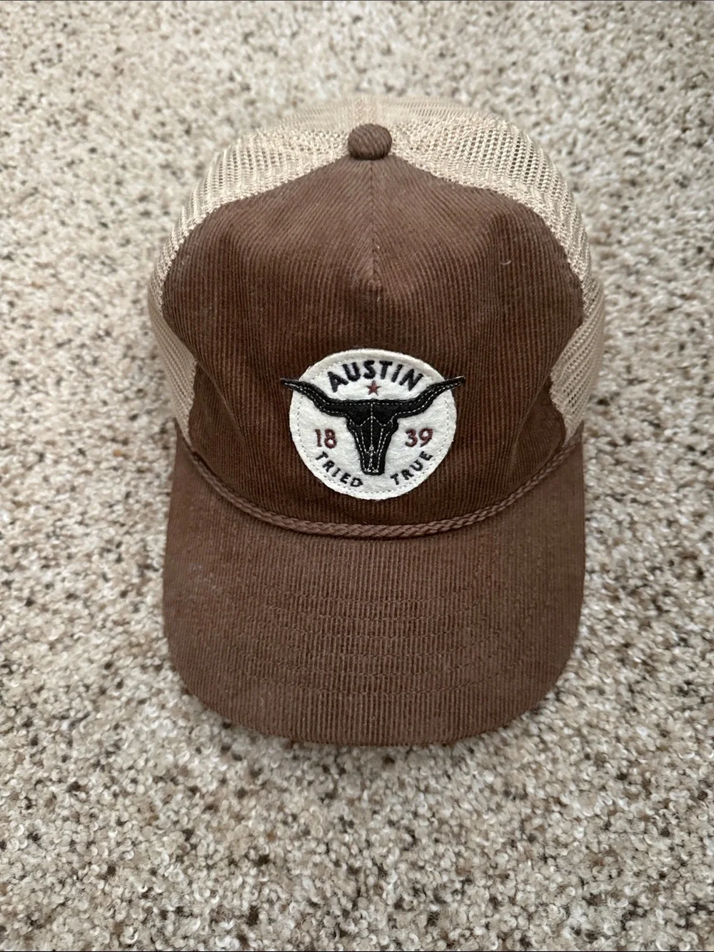 Austin Texas brown and tan corduroy ball, cap hat
